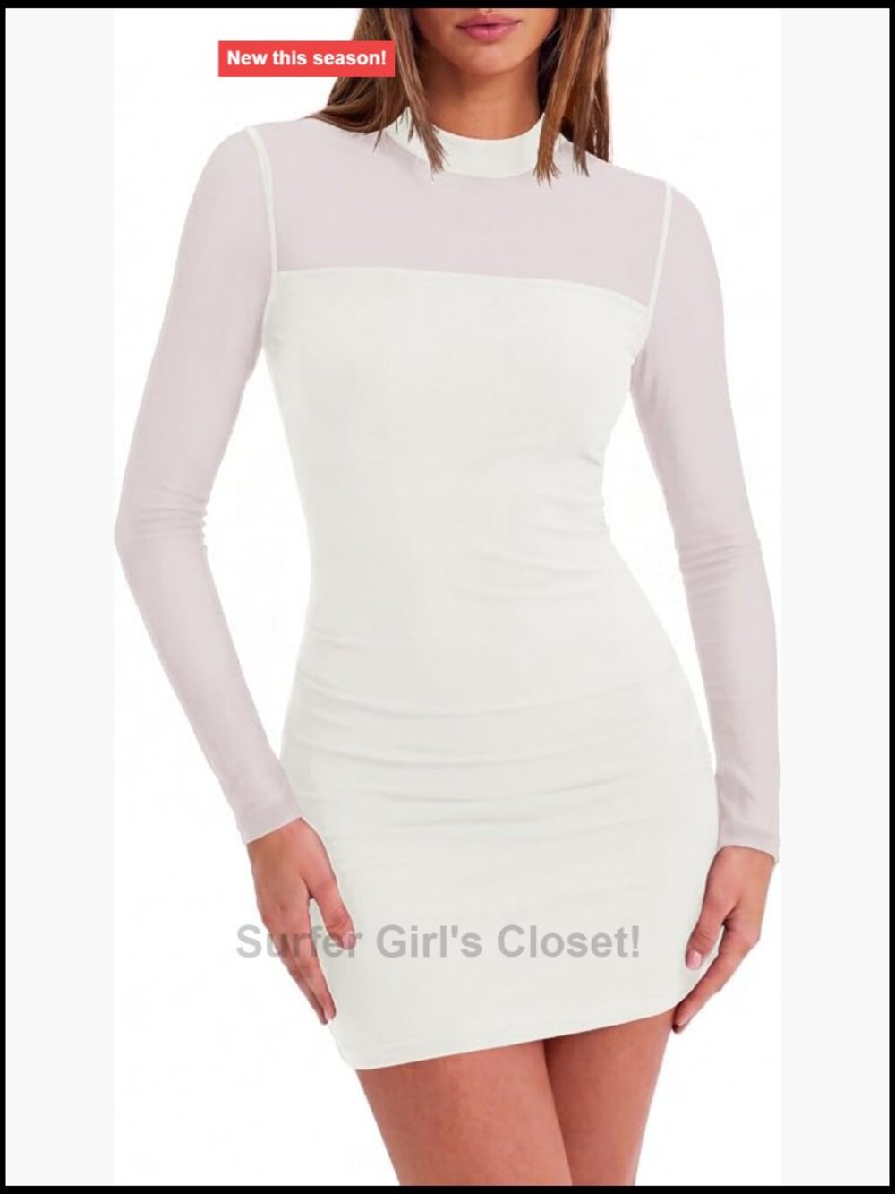 Women's Sheer Mesh Long Sleeve Bodycon Dress Ruched Mock Neck Mini